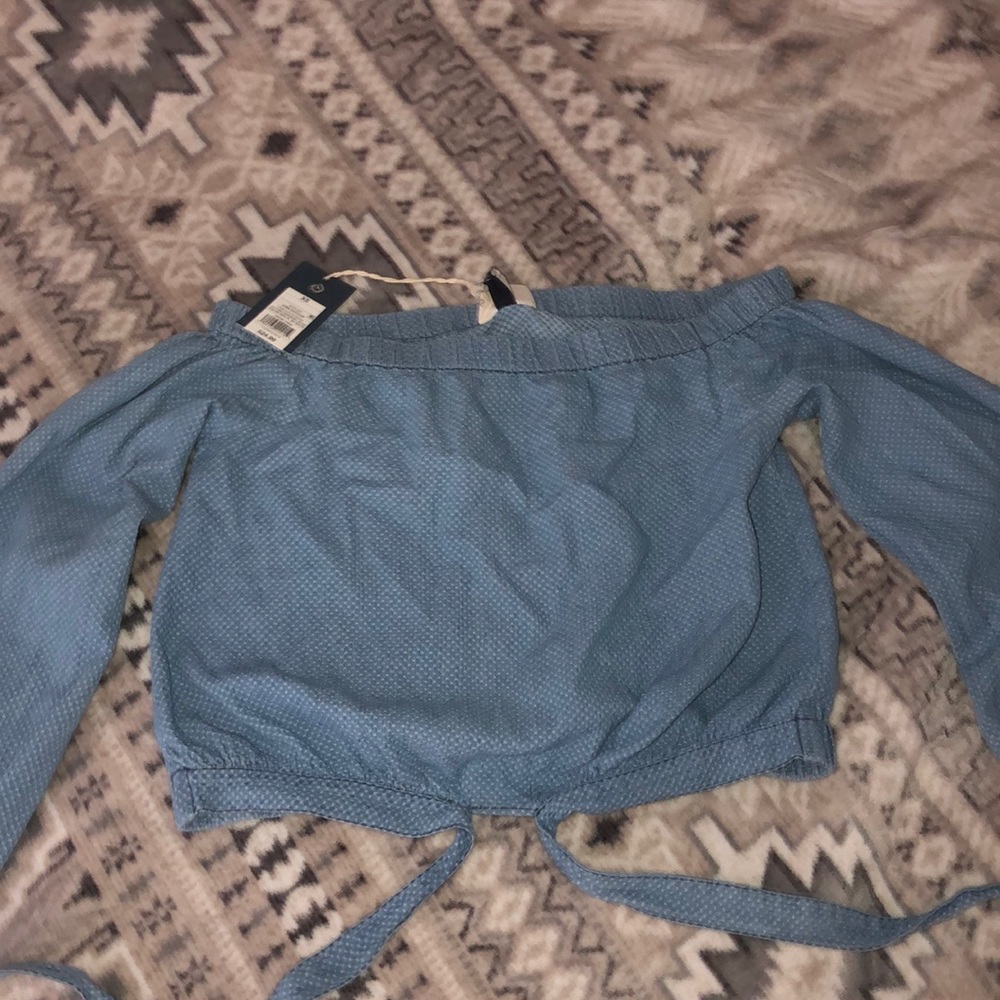long sleeve denim cropped off the shoulder top